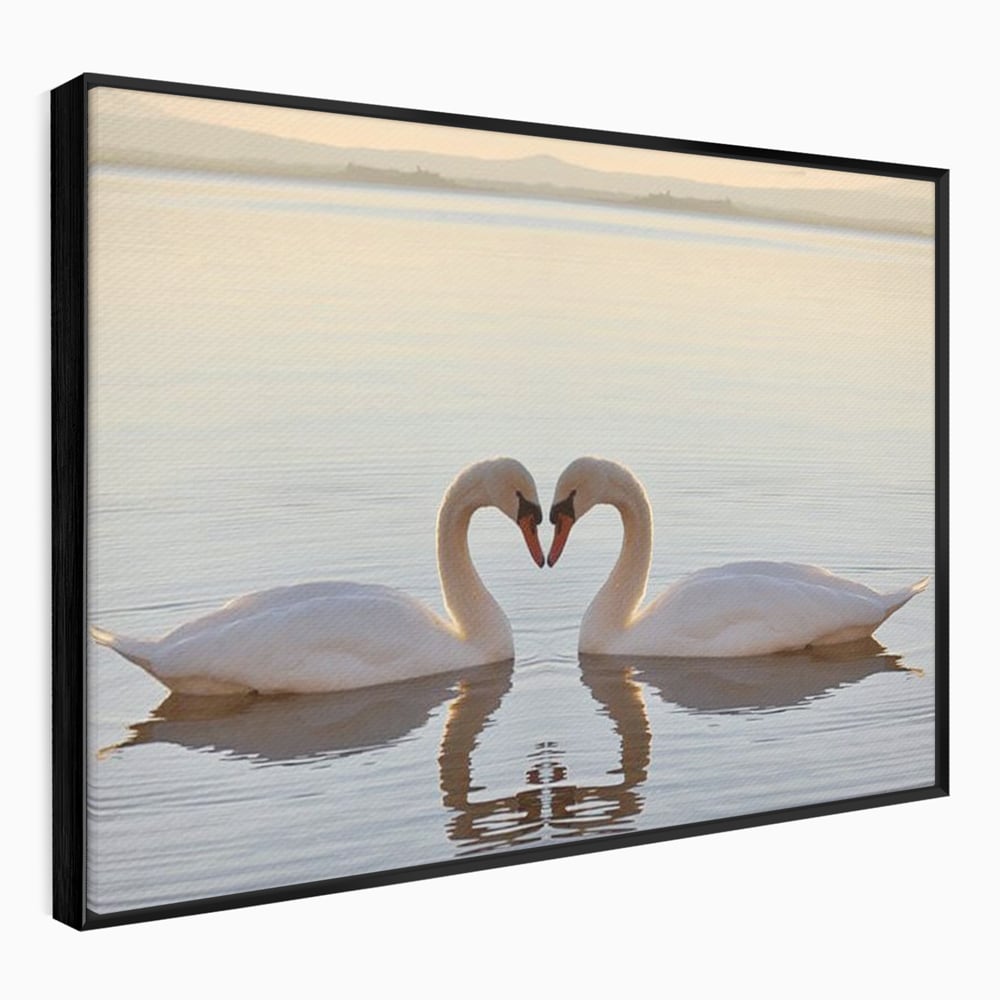 Tablou canvas cu tablou canvas cu lebede pe lac, in rama de aluminiu negru